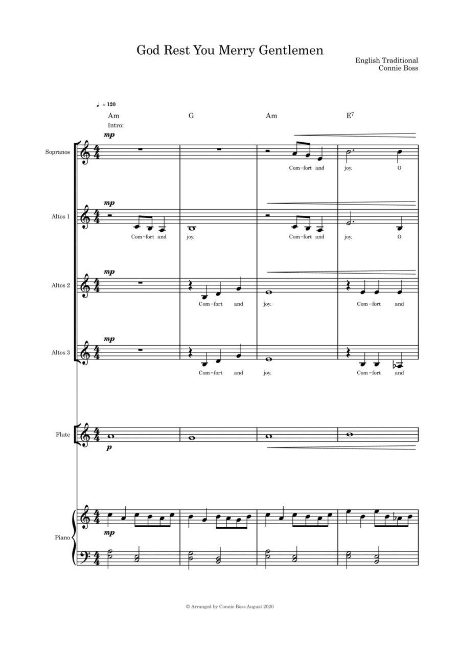 God Rest You Merry Gentlemen SAAA flute and piano 4-Part scores gallery preview page 1