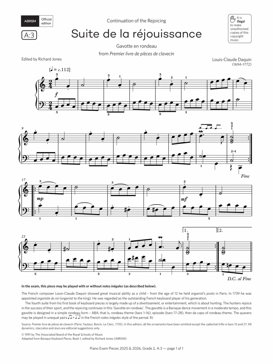 Suite de la réjouissance (Grade 2, list A3, from the ABRSM Piano Syllabus 2025 & 2026) Piano Method scores gallery preview page 1