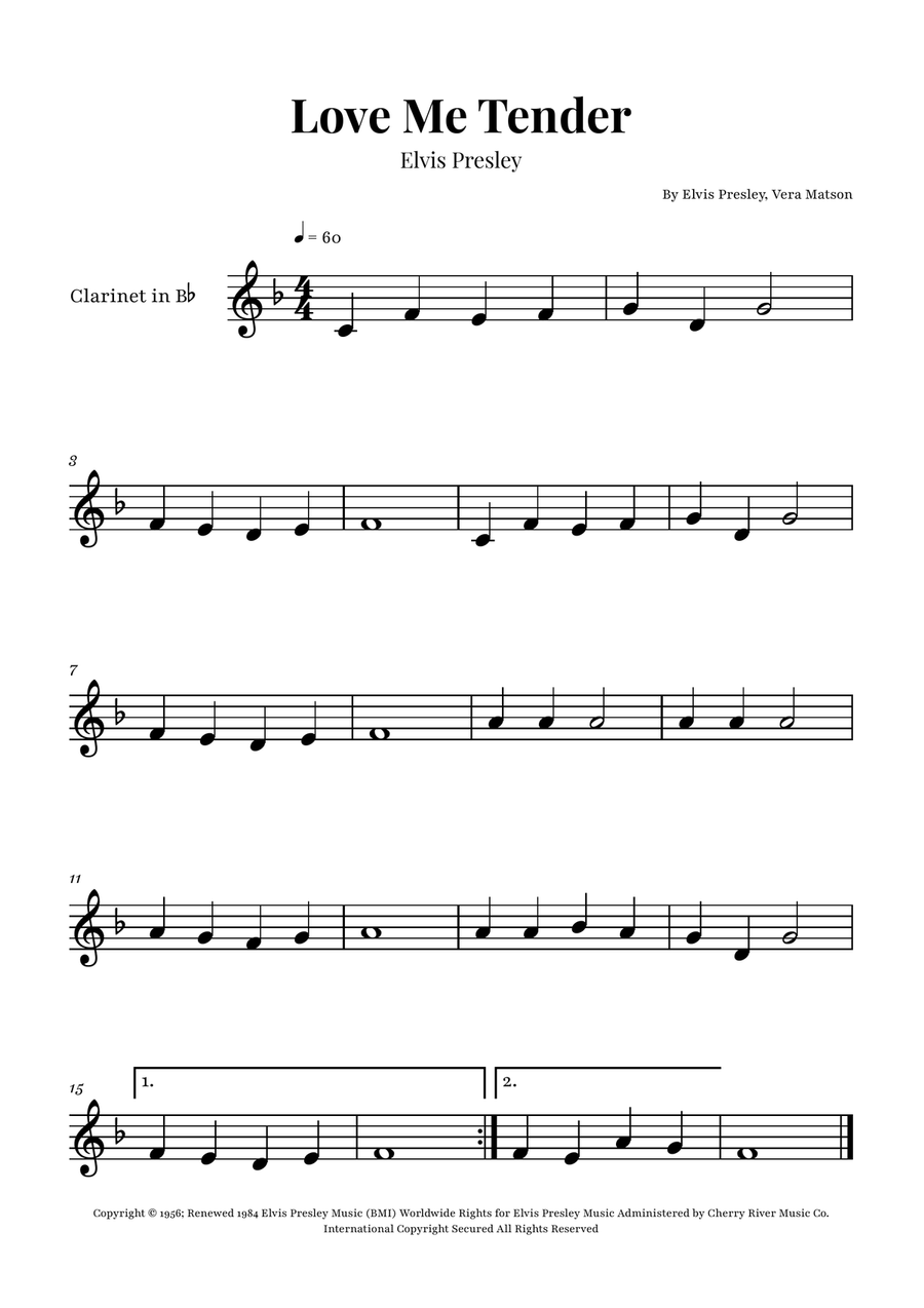 Love Me Tender B-Flat Clarinet scores gallery preview page 1