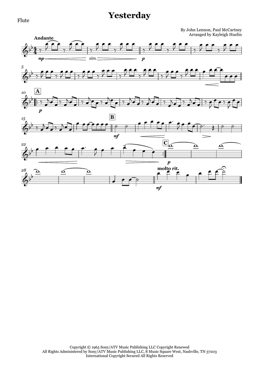 Yesterday Woodwind Quartet scores gallery preview page 3