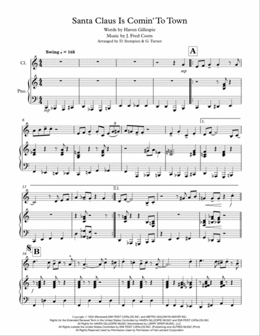 Santa Claus Is Comin' To Town B-Flat Clarinet scores gallery preview page 1
