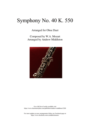 Symphony No. 40 arranged for Oboe Duet