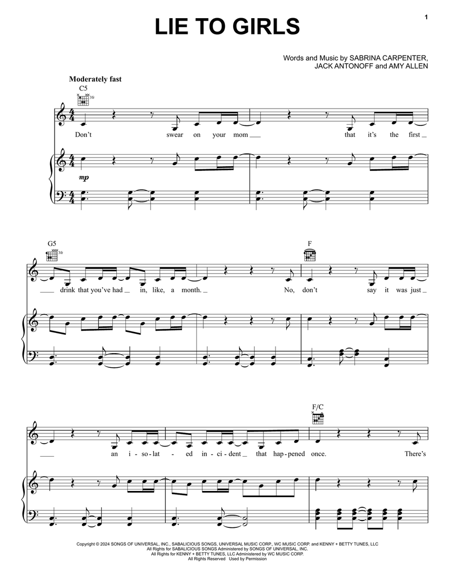Lie To Girls Piano, Vocal, Guitar scores gallery preview page 1