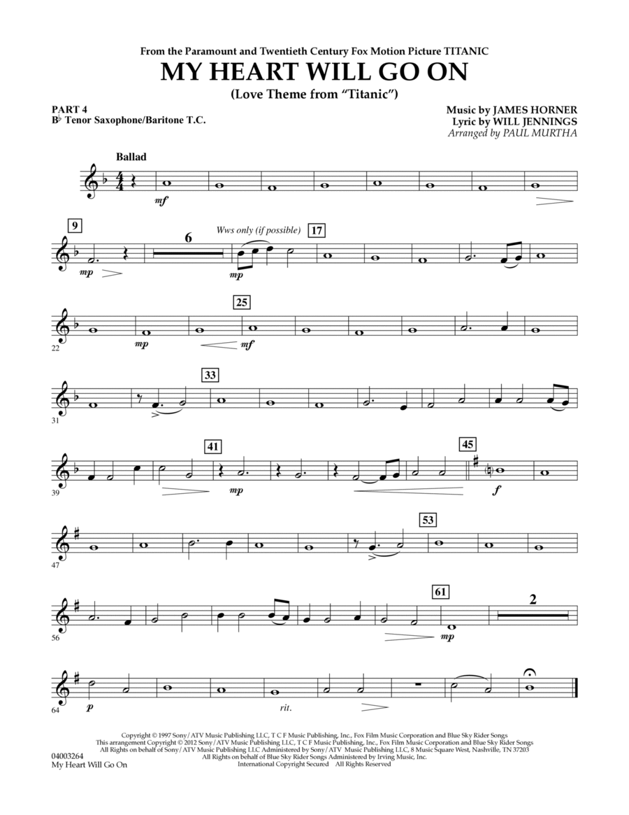 My Heart Will Go On (Love Theme from Titanic) - Pt.4 - Bb Tenor Sax/Bar. T.C. Concert Band scores gallery preview page 1