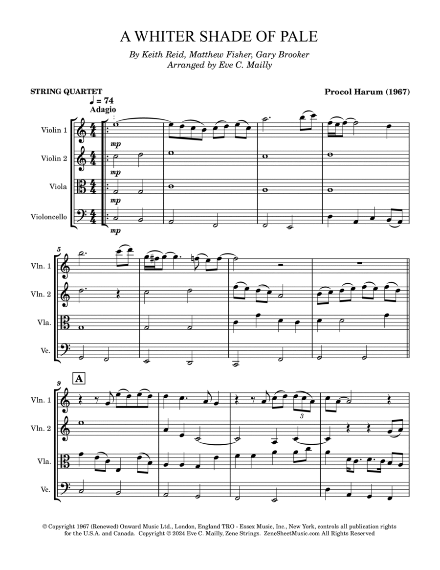 A Whiter Shade Of Pale String Quartet scores gallery preview page 1