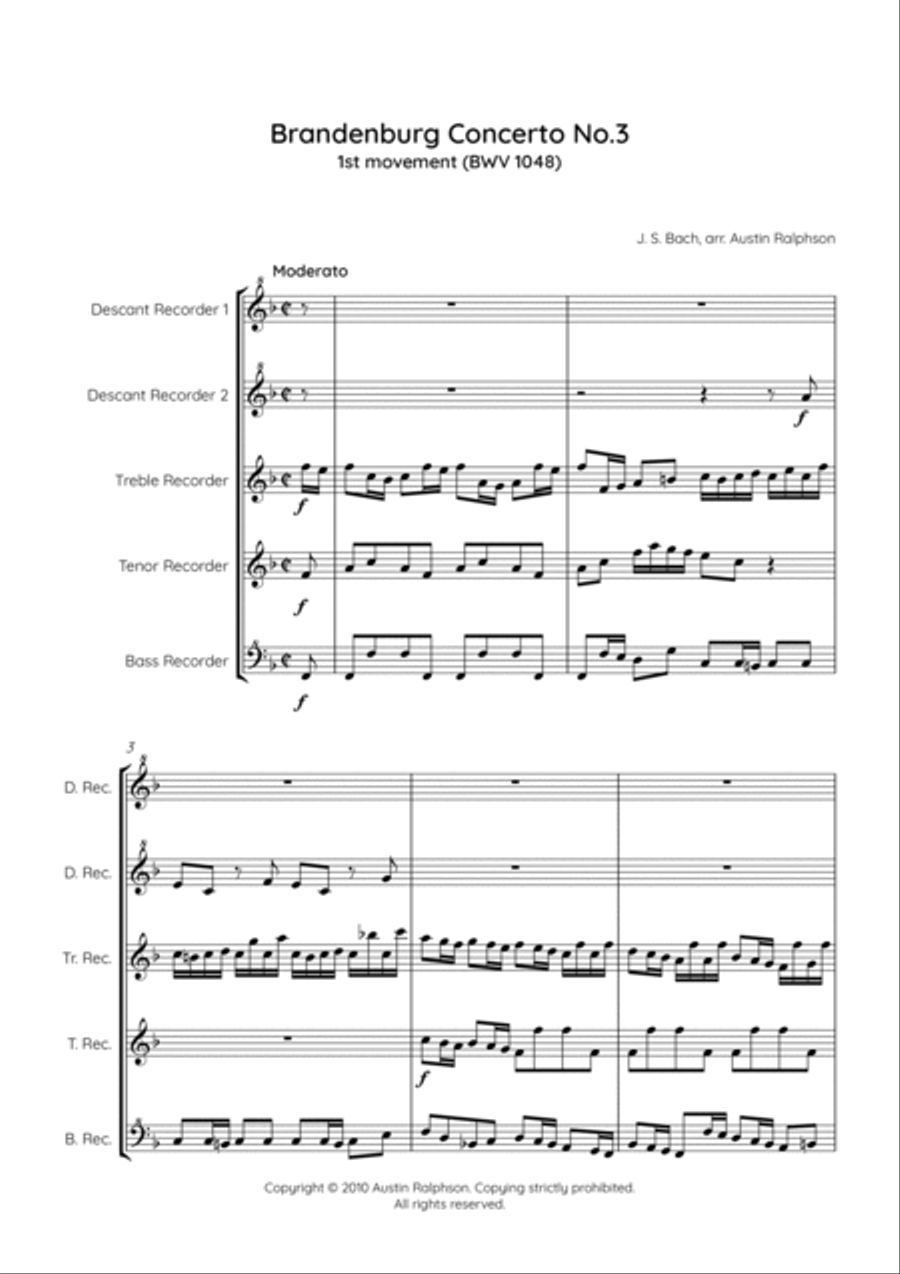 Brandenburg Concerto No.3, 1st movement - recorder quintet Soprano Recorder scores gallery preview page 3