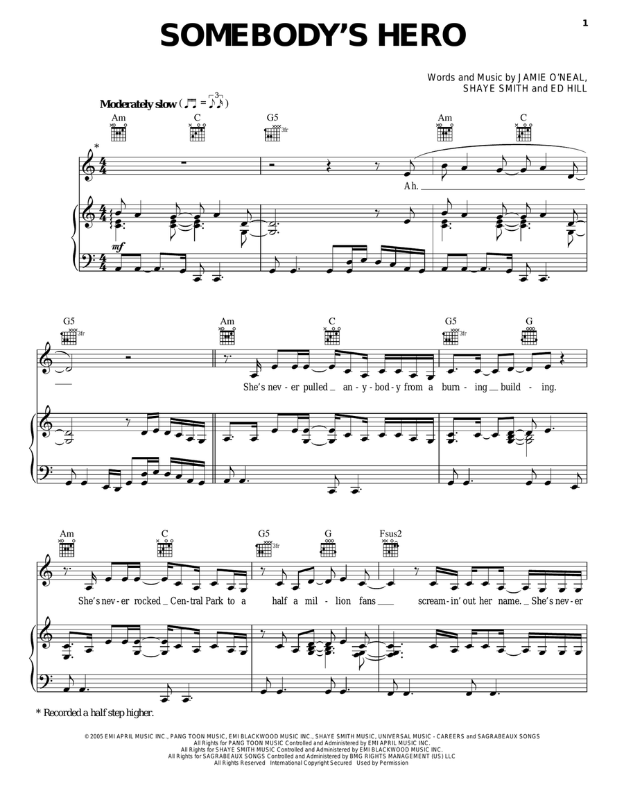 Somebody's Hero Piano, Vocal, Guitar scores gallery preview page 1
