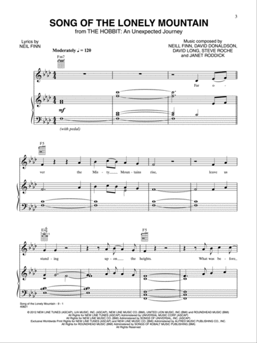 Song of the Lonely Mountain Piano, Vocal, Guitar scores gallery preview page 1