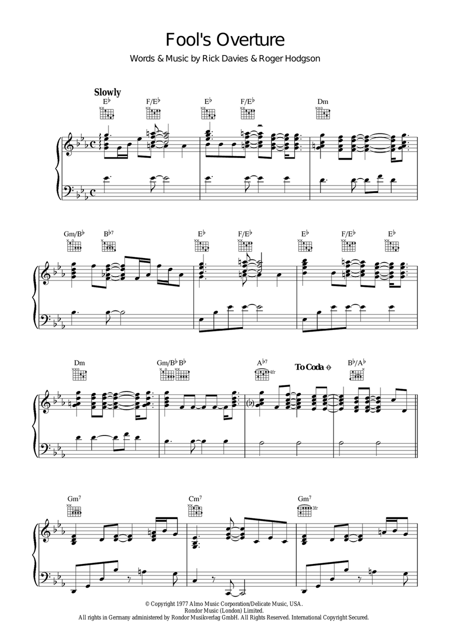 Fool's Overture Fool's Overture Piano, Vocal, Guitar scores gallery preview page 1