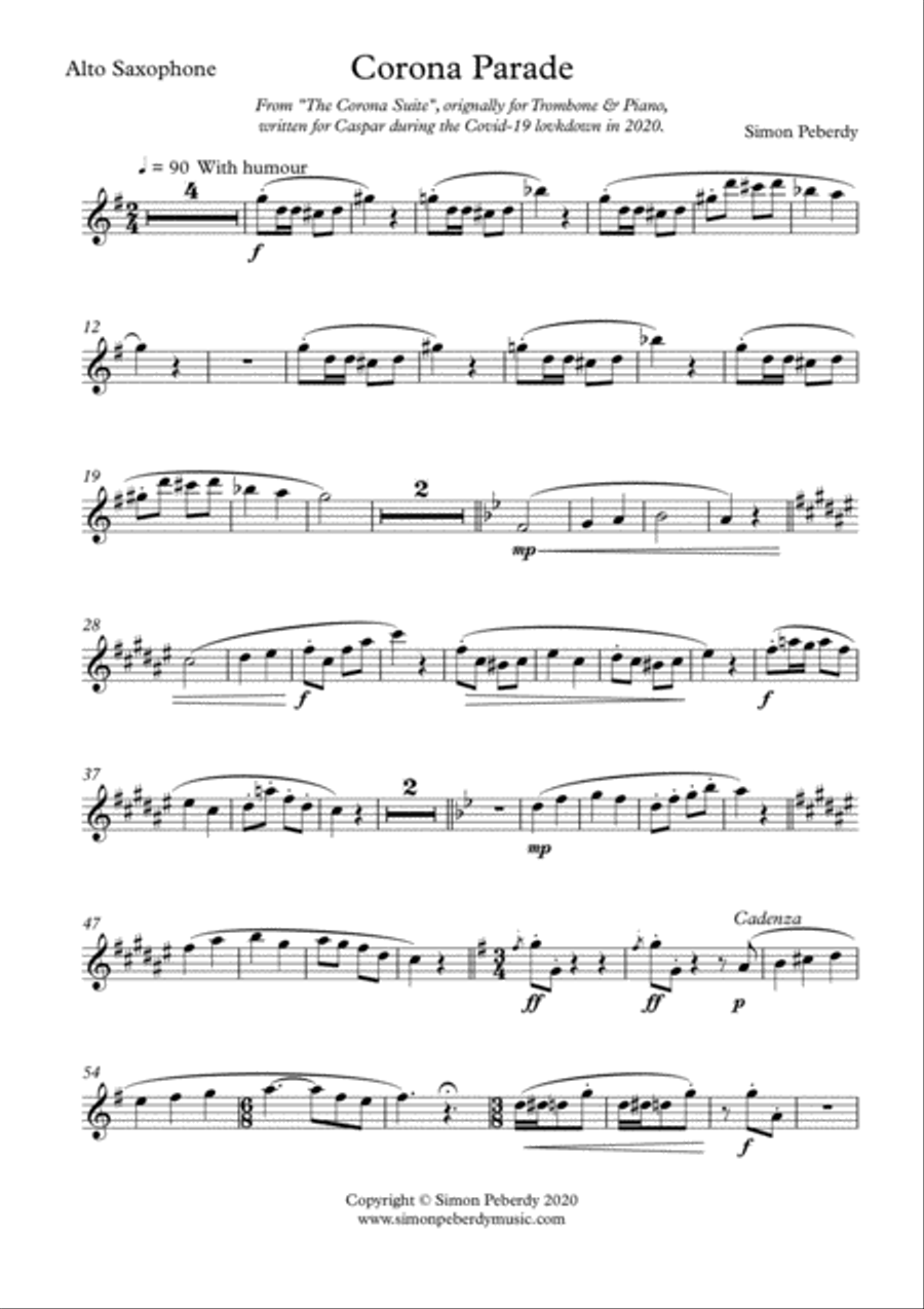 Corona Parade for Alto Sax and Piano from the Corona Suite by Simon Peberdy Alto Saxophone scores gallery preview page 2