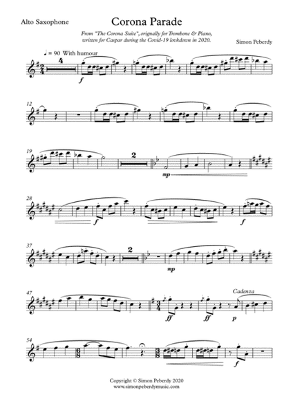 Corona Parade for Alto Sax and Piano from the Corona Suite by Simon Peberdy
