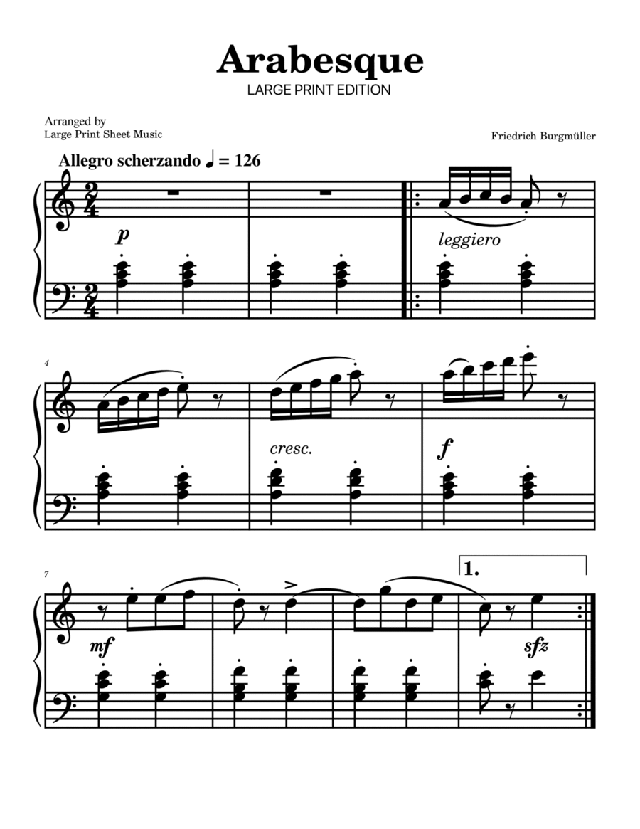 Arabesque by Burgmuller LARGE PRINT EDITION Piano Method scores gallery preview page 1