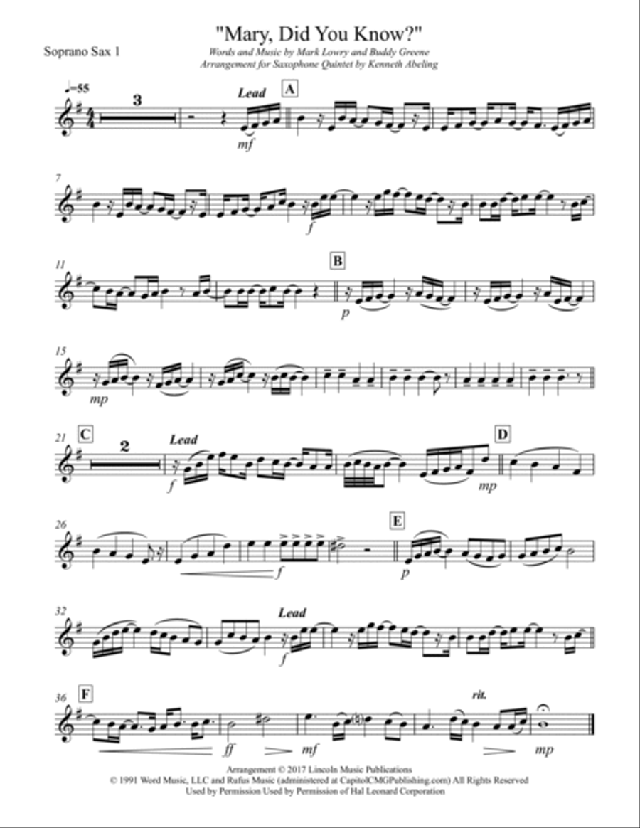 Mary, Did You Know? Saxophone Quintet scores gallery preview page 6