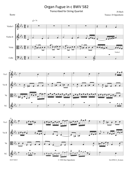 Bach: Fugue in c BWV 582 Arranged for String Quartet. image number null