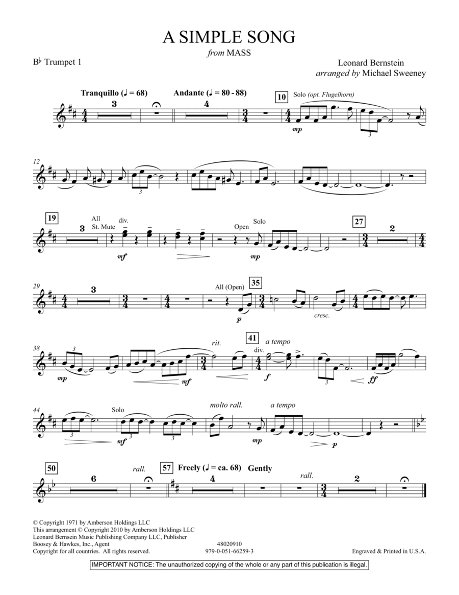A Simple Song (from Mass) - Bb Trumpet 1 Concert Band scores gallery preview page 1