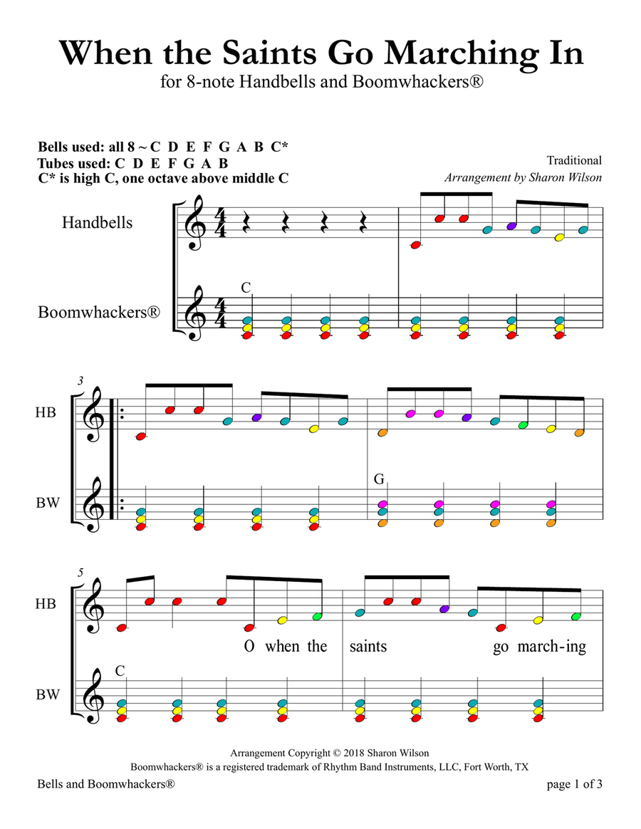 When the Saints Go Marching In (for 8-note Bells and Boomwhacker with Color Coded Notes) Handbell Choir scores gallery preview page 4