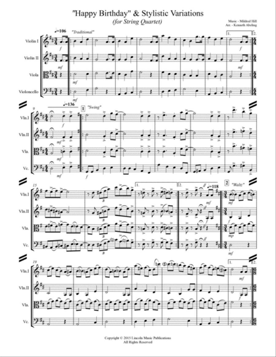 Happy Birthday and Stylistic Variations (for String Quartet) String Quartet scores gallery preview page 2