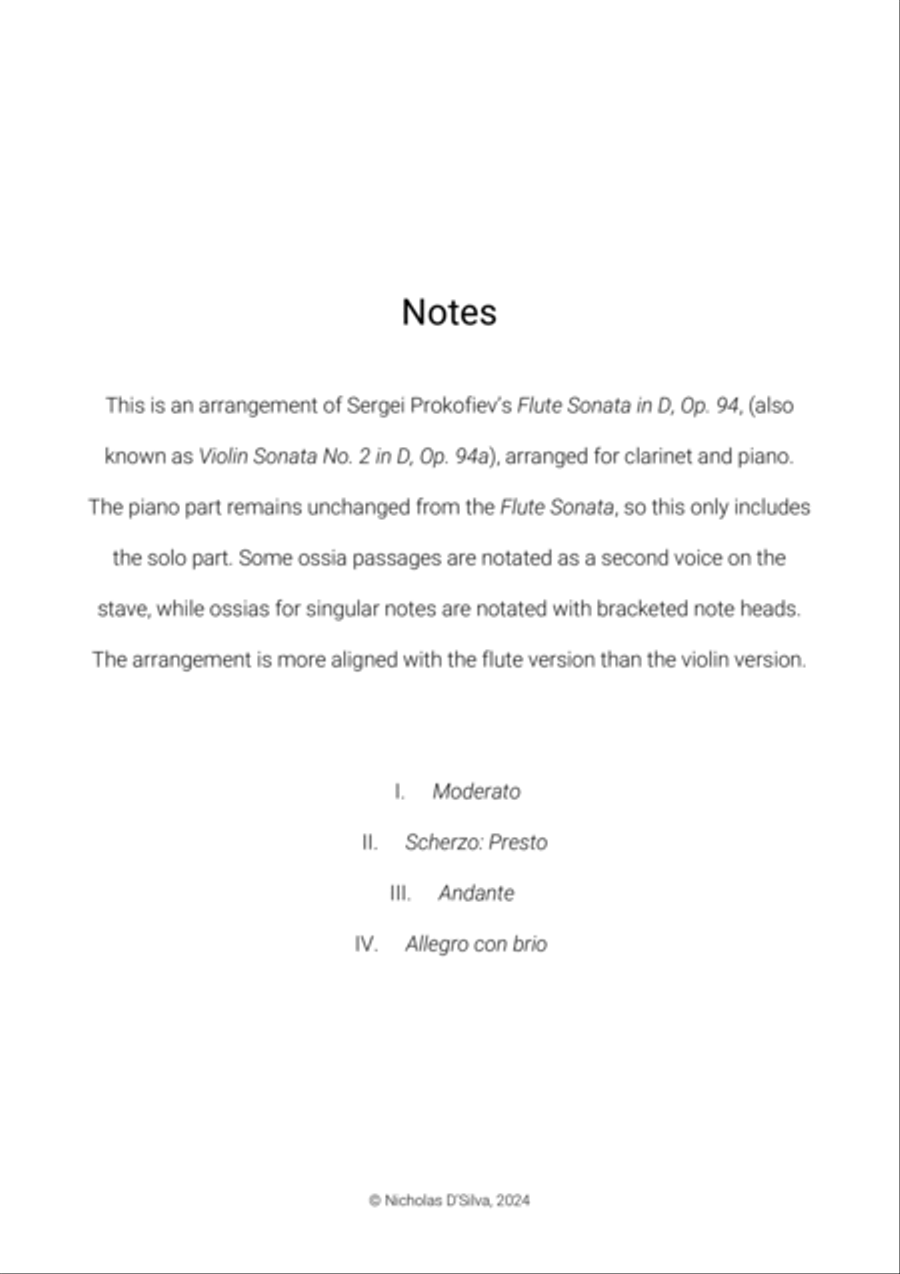 S. Prokofiev - Flute Sonata in D, Op. 94 arranged for clarinet and piano (Solo Part Only) Chamber Music scores gallery preview page 2