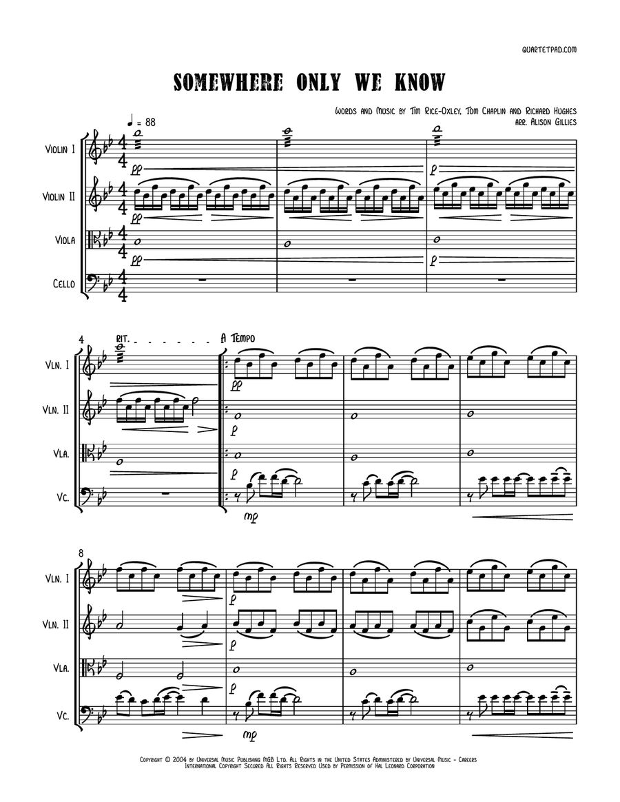 Somewhere Only We Know String Quartet scores gallery preview page 1