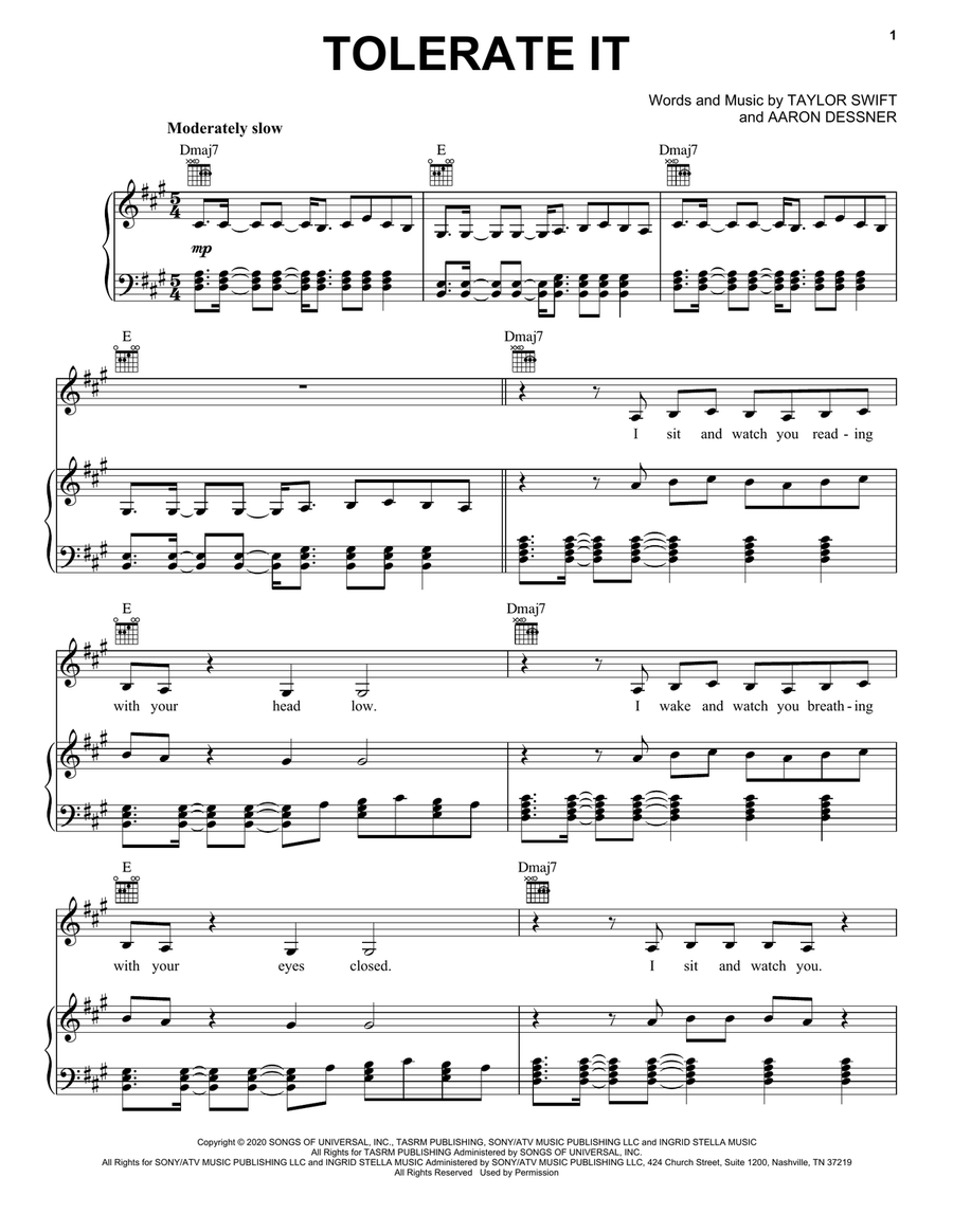 tolerate it Piano, Vocal, Guitar scores gallery preview page 1