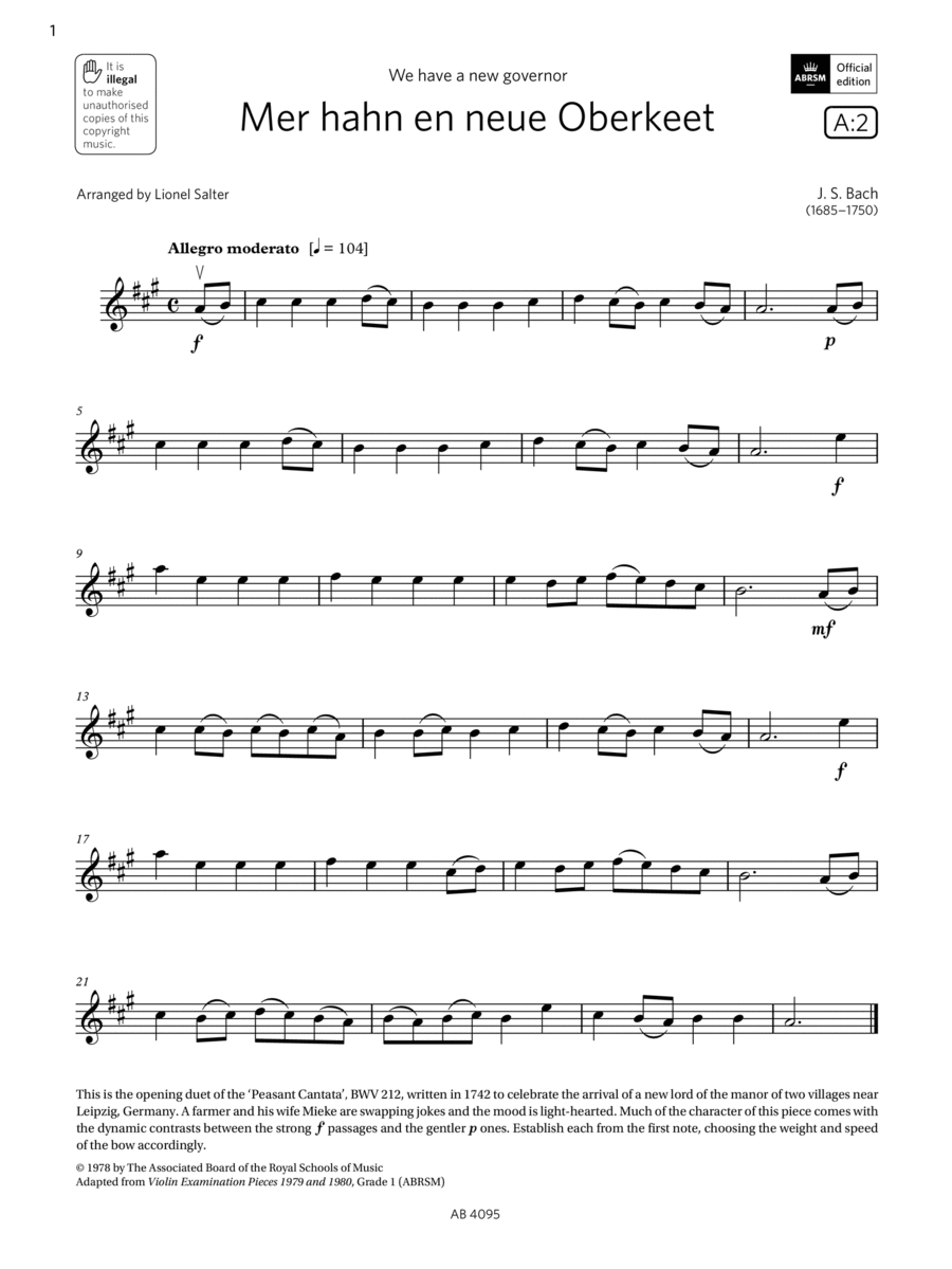 Mer hahn en neue Oberkeet (Grade 1, A2, from the ABRSM Violin Syllabus from 2024) Violin Solo scores gallery preview page 1