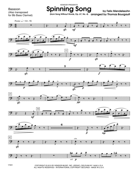 Spinning Song (from Song Without Words, Op. 67, No. 4) - Opt. Bass Clarinet