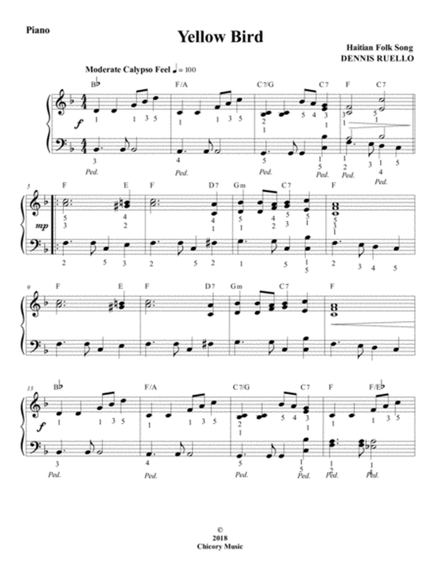 Yellow Bird - Haitian Folk Song - Intermediate Piano Solo image number null