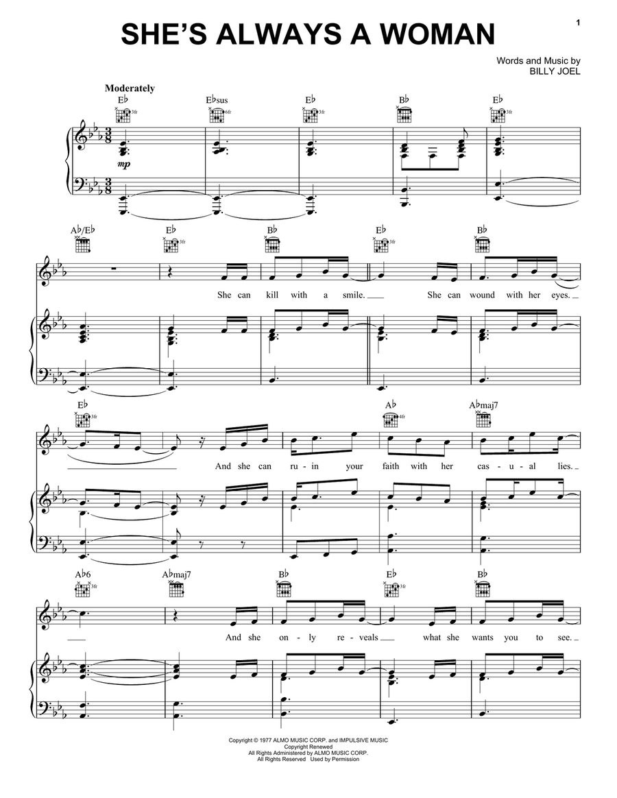 She's Always A Woman Piano, Vocal, Guitar scores gallery preview page 1