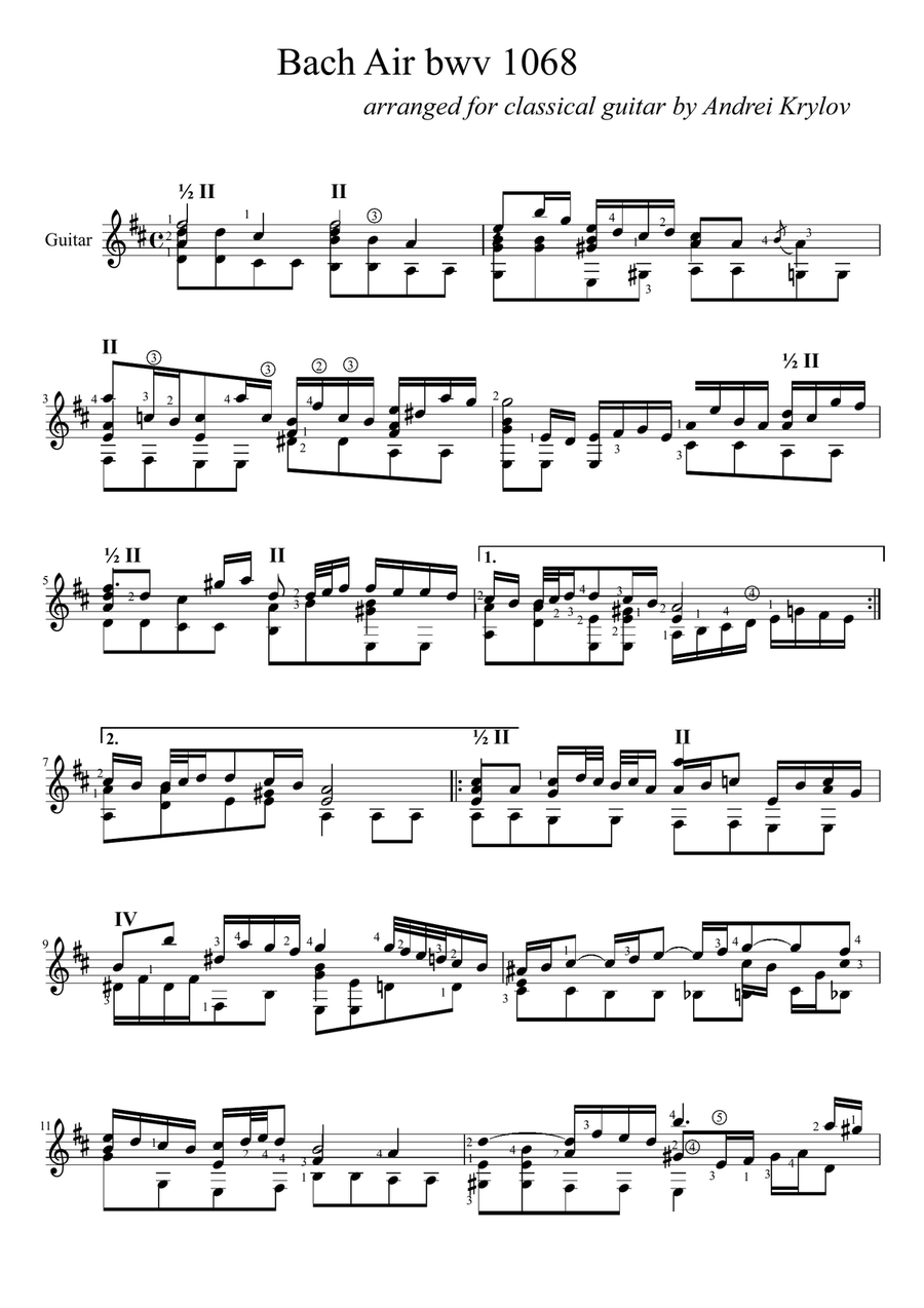 Air on the G String (Suite No. 3, BWV 1068 by J. S. Bach) arranged for classical guitar in D major b Acoustic Guitar scores gallery preview page 1