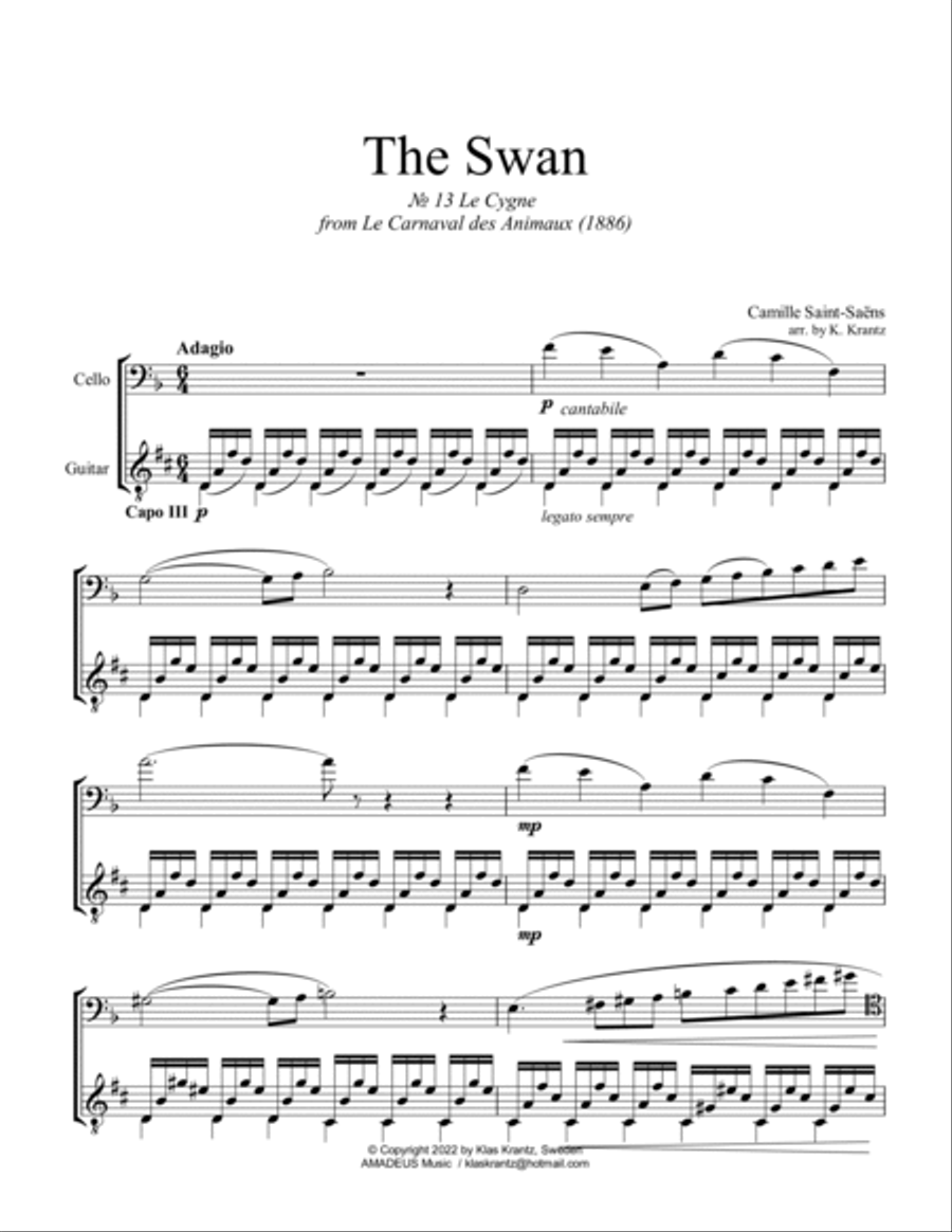 The Swan / Le cygne for cello and guitar (F major/guitar Capo III) String Duet scores gallery preview page 2
