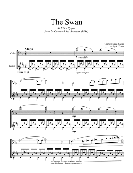 The Swan / Le cygne for cello and guitar (F major/guitar Capo III) image number null