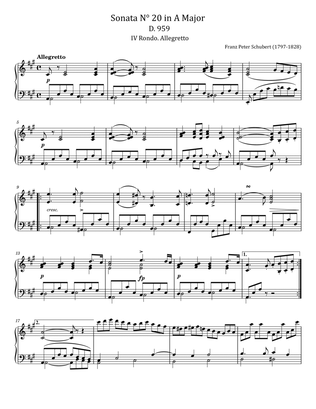 Book cover for Schubert - Piano Sonata No.20 in A major, D.959 - IV. Rondo - Allegretto - Original For Piano Solo