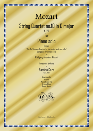 Book cover for Mozart – Complete String quartet no.10 in C major K170 for piano solo