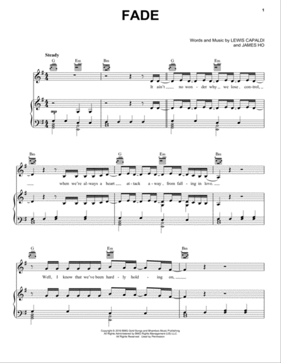 Fade Piano, Vocal, Guitar scores gallery preview page 1