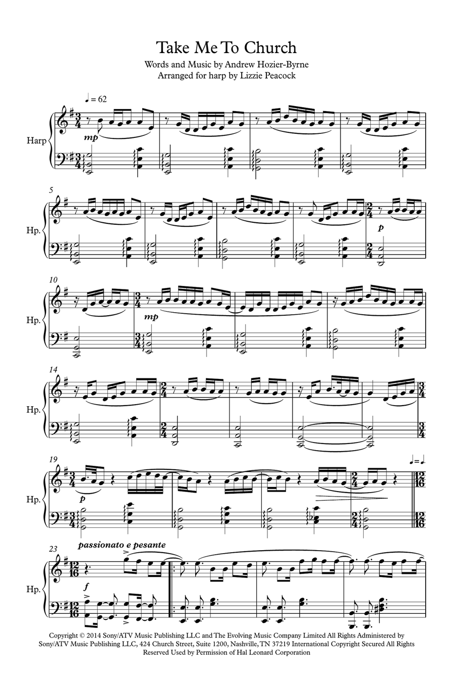 Take Me To Church Harp scores gallery preview page 1