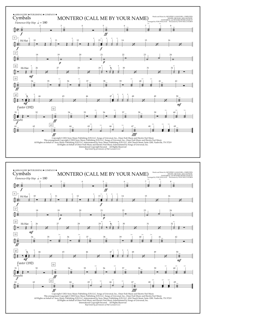 Montero (Call Me By Your Name) (arr. Tom Wallace) - Cymbals