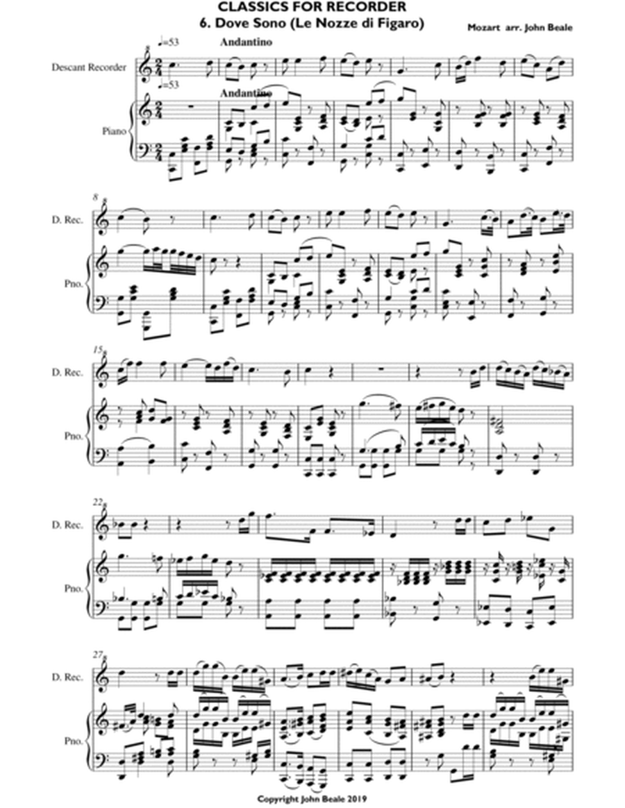 CLASSICS FOR RECORDER SERIES 6 Dove Sono (Le Nozze di Figaro) for Descant Recorder and Piano image number null