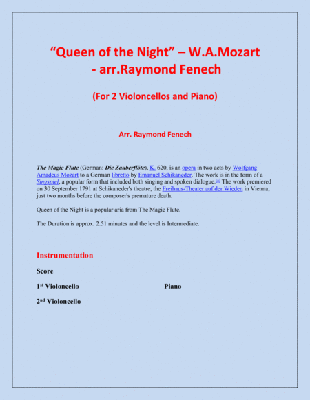 Queen of the Night - From the Magic Flute - 2 Violoncellos and Piano image number null