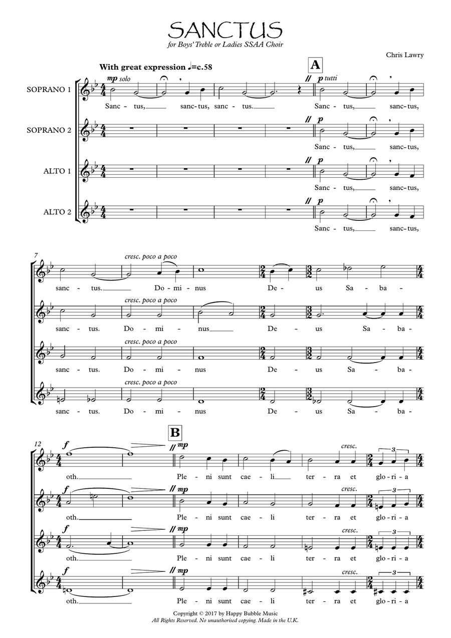 Sanctus (for Boys' Treble Choir or Ladies' SSAA Choir) Latin Version SSAA scores gallery preview page 2