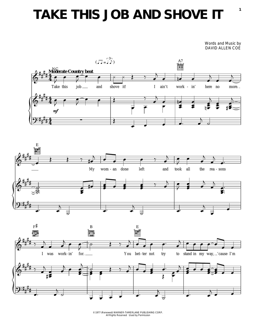 Take This Job And Shove It Piano, Vocal, Guitar scores gallery preview page 1