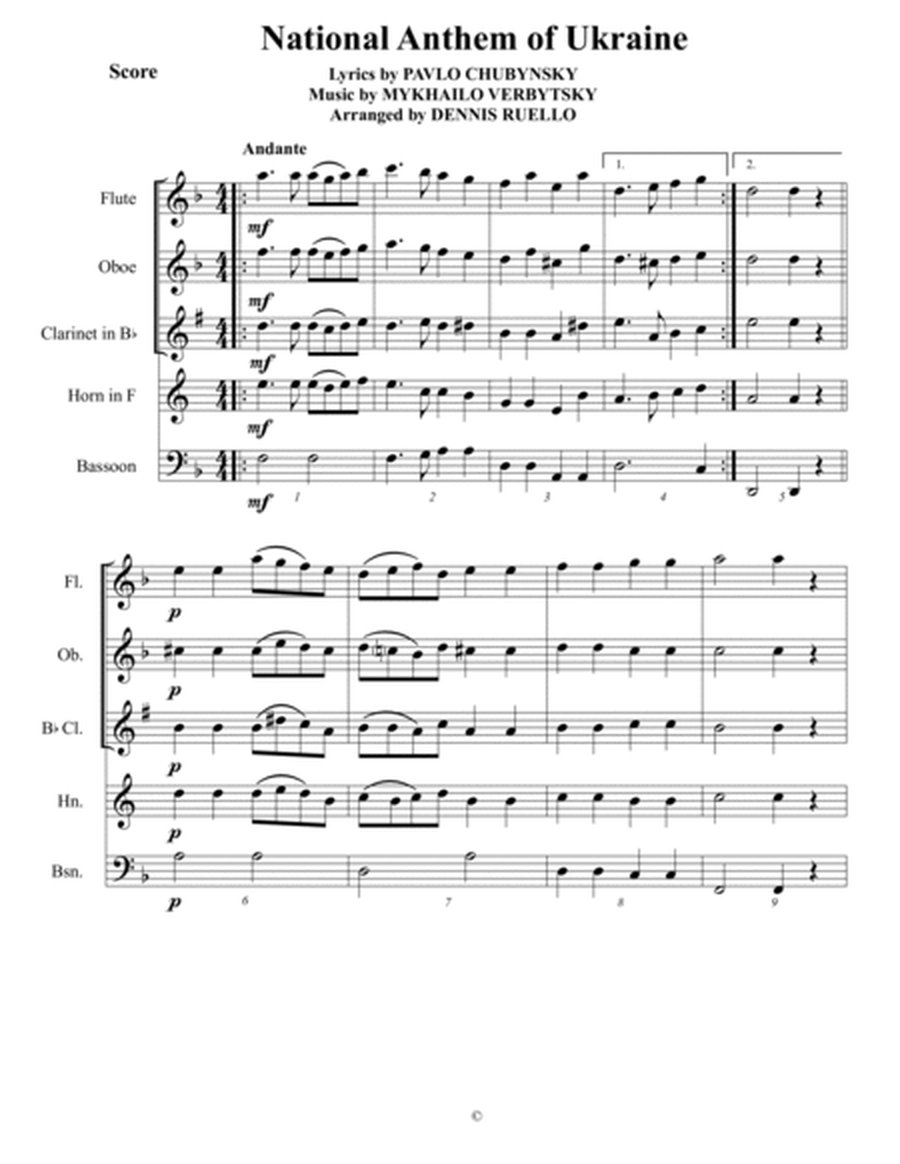 National Anthem of Ukraine - Woodwind Quintet - Intermediate Level image number null