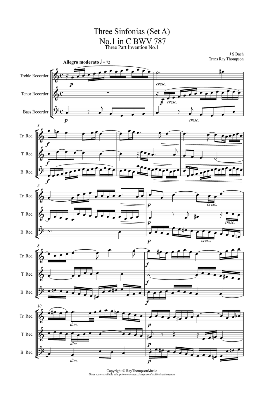 Bach: Sinfonia (Three part Inventions) Nos.1, 2 & 3 - low recorder trio (TTB/ATB) TTB scores gallery preview page 1