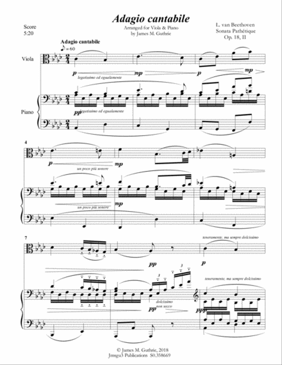 Beethoven: Adagio from Sonata Pathetique for Viola & Piano Viola scores gallery preview page 2