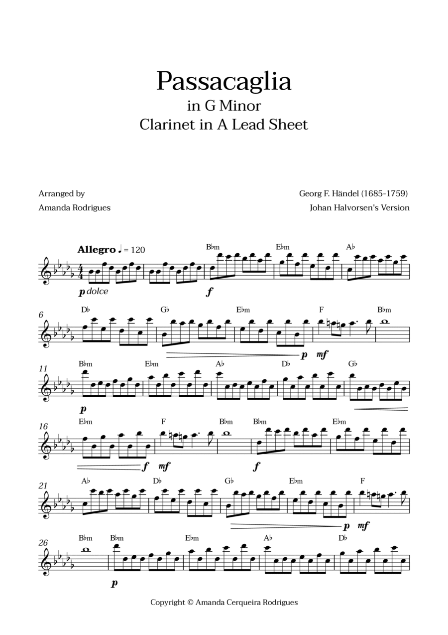 Passacaglia - Easy Clarinet in A Lead Sheet in Gm Minor (Johan Halvorsen's Version) A Clarinet scores gallery preview page 1