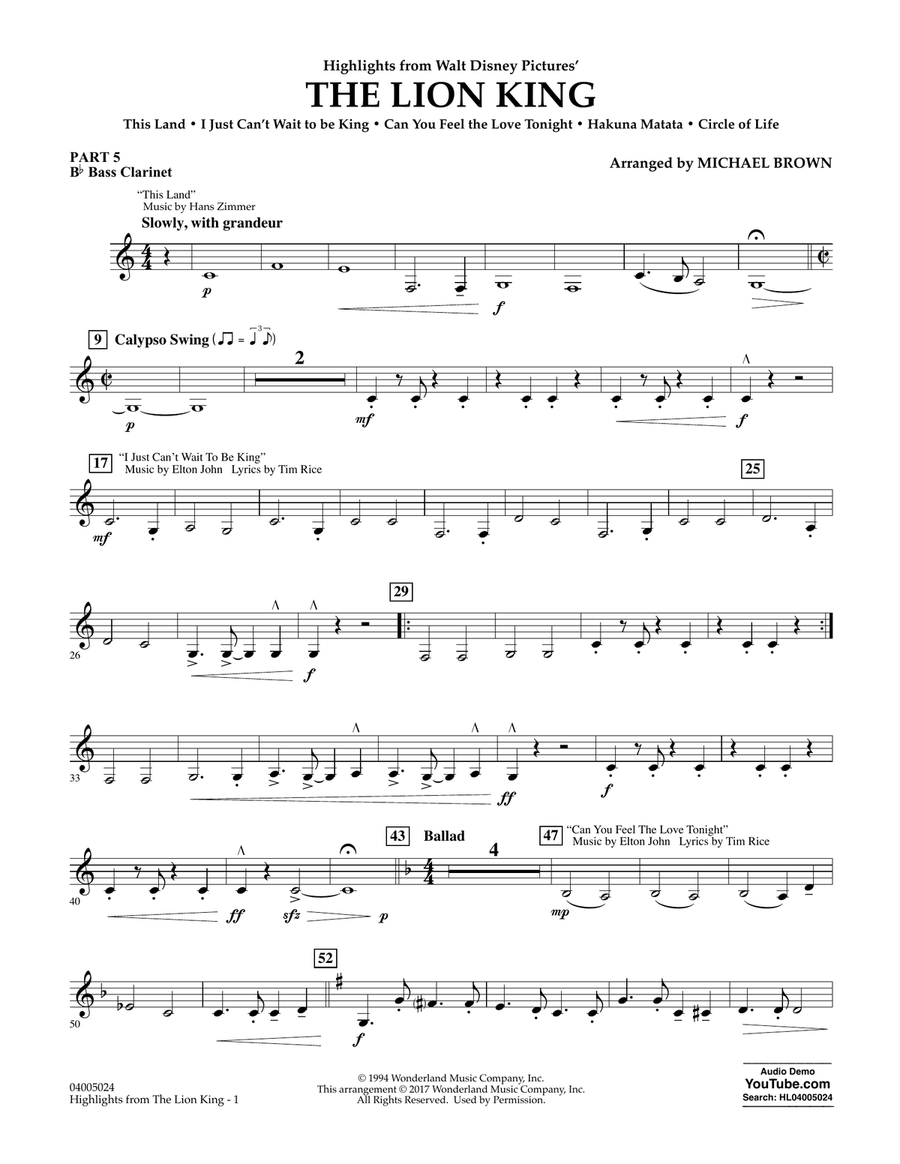 Highlights from The Lion King - Pt.5 - Bb Bass Clarinet Concert Band scores gallery preview page 1