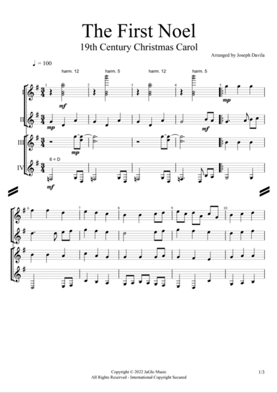 The First Noel for 4 Guitars Guitar Ensemble scores gallery preview page 2