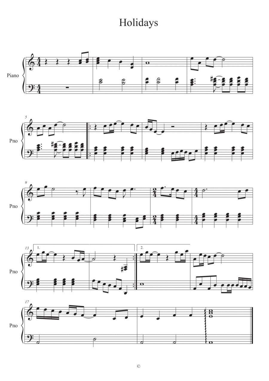Holidays Piano Solo scores gallery preview page 1