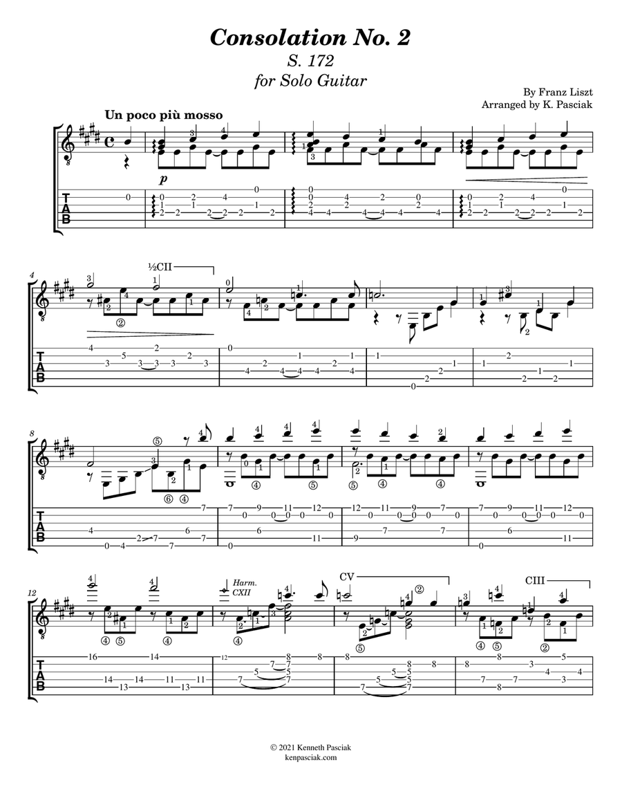 Consolations Nos. 1 & 2 by Liszt (for Solo Guitar) Classical Guitar scores gallery preview page 5