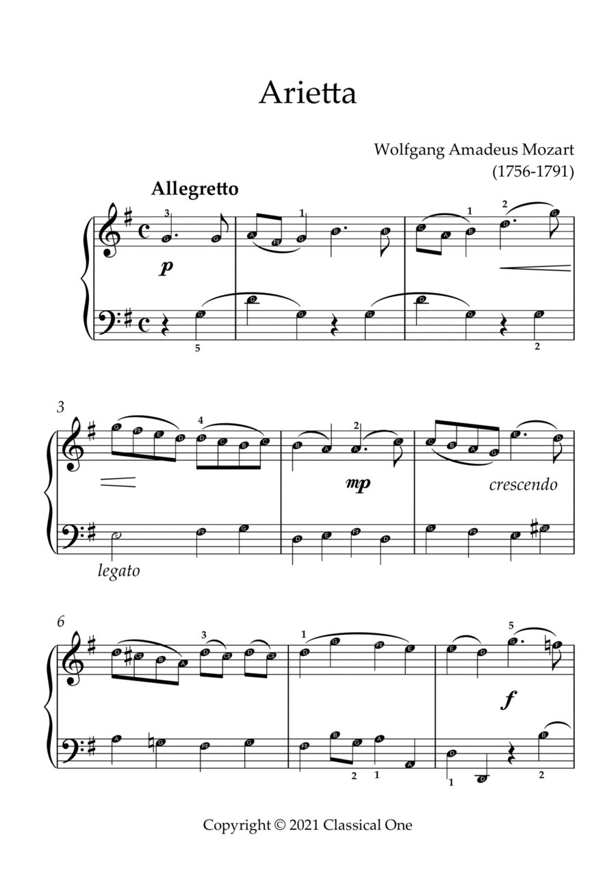 Mozart - Arietta(With Note name) Easy Piano scores gallery preview page 1
