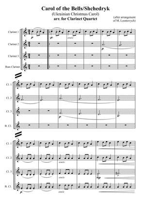 Carol of the Bells/Shchedryk (Ukrainian Christmas Carol), arr. for Clarinet Quartet